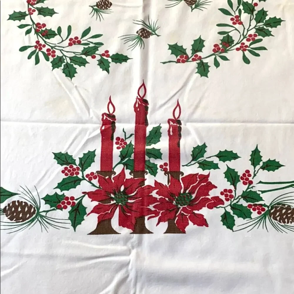 Vintage Christmas Tablecloth Printed Cotton 1960's Festive Red Green 58
